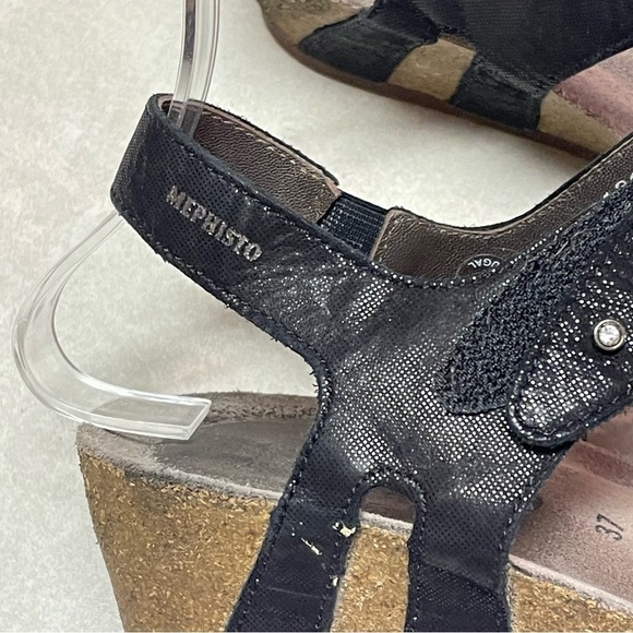 Mephisto cork wedge heel sandals Minoa black size 37 lizard rhinestone - Picture 9 of 9